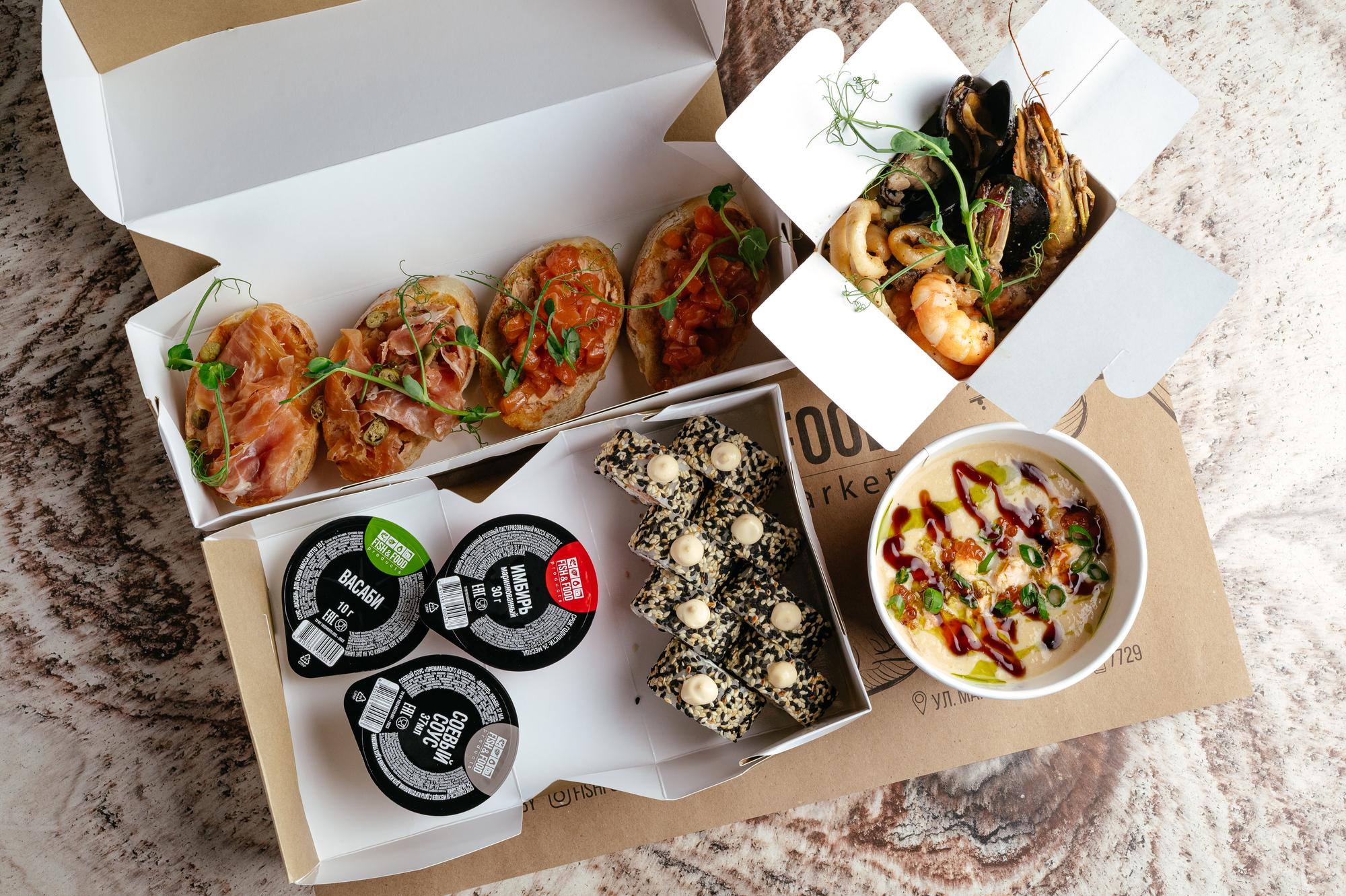 Assorted meal boxes on table